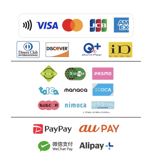 【利用可能クレジットカード】Visa / Mastercard / JCB / American Express / Diners Club / Discover
											【利用可能電子マネー】QUICPay / iD / 交通系IC
											【利用可能QR決済】
											PayPay / au PAY / Alipay+ / WeChat Pay